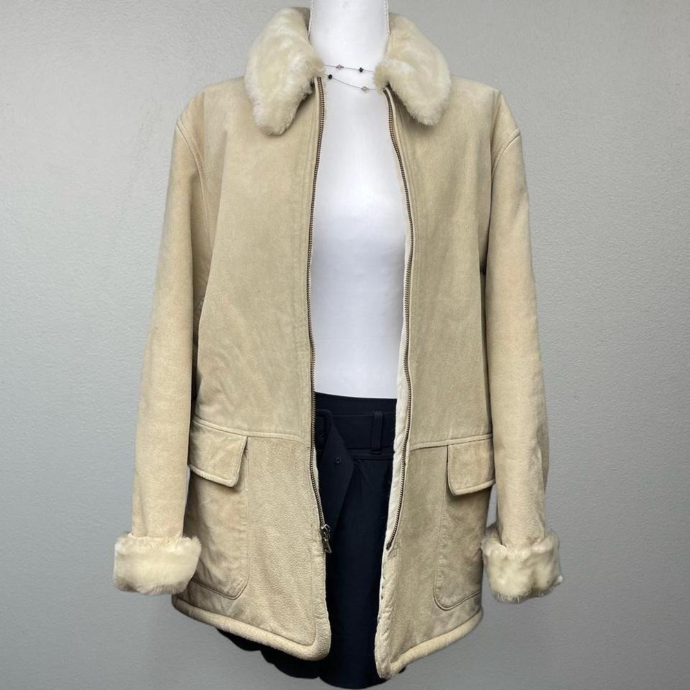 VTG 90s Suede Leather Coat Tan Beige Retro Faux Fur Lined Boho Women's Medium